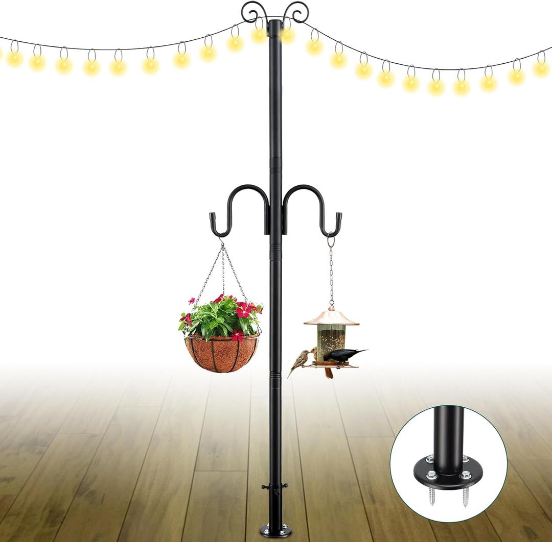 String Light Poles, 10FT Patio Light Poles for String Lights Metal Post Pole with Hooks to Hang Outdoor String Lights, Plant Baskets, Bird Feeder (Matte Black(1pc))
