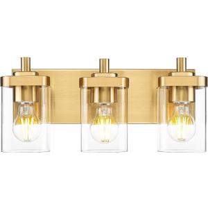 Bathroom Light Fixtures Over Mirror, 3-Light Brushed Gold Vanity Light with Square Clear Glass Shade, Modern Wall Sconces, Vanity Lighting Fixtures, VL194-BG-3