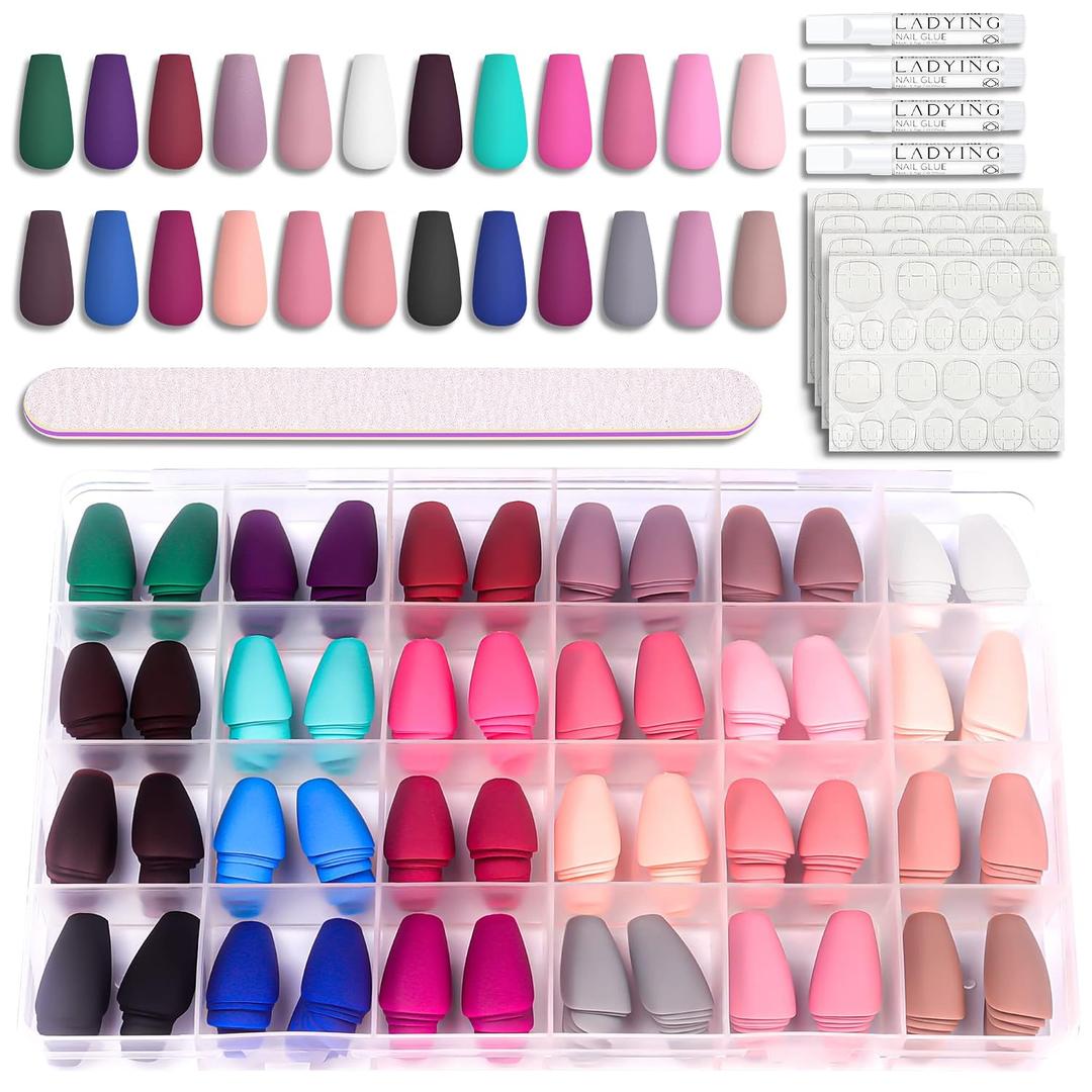 Press On Nails - LADYING 576 Pcs Coffin Ballet Shape Fake Nails, Full Cover Acrylic False Nail,24 Color With 6g Nail Glue