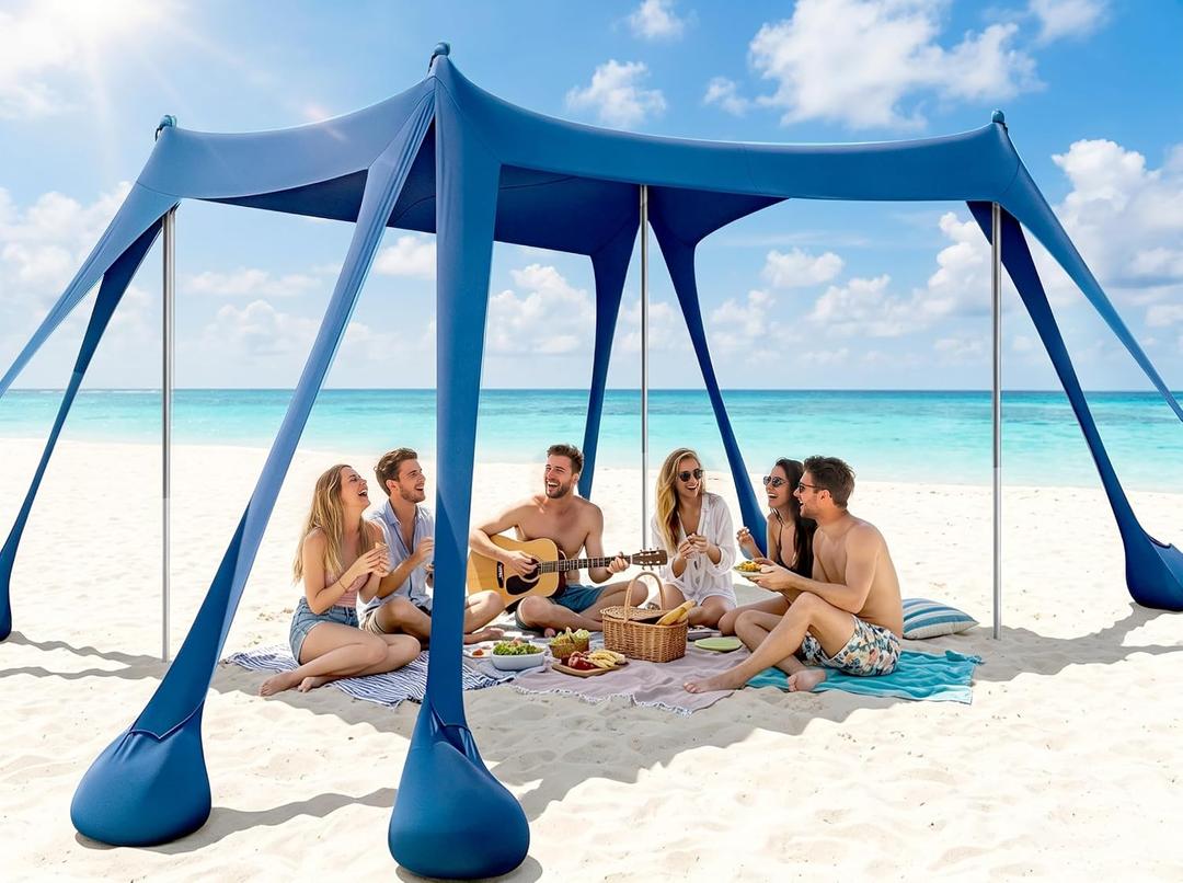 Beach Tent, UPF 50+ Sun Shelter with 8 Sandbags, Sand Shovels, Ground Pegs & Stability Poles – Portable Shade Canopy for Camping, Fishing, Backyard Fun, or Picnics (Navy Blue), 10 x 10 ft