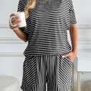 Hilinker Womens Striped 2 Piece Lounge Sets Short Sleeve Tops and Short Set Summer Matching Outfits Black White Small (Black, S)