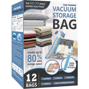12 Pack Vacuum Storage Bags, Space Saver Vacuum Storage Bags, Vacuum Seal Bags for Clothing, Clothes, Comforters and Blankets, Hand Pump Included