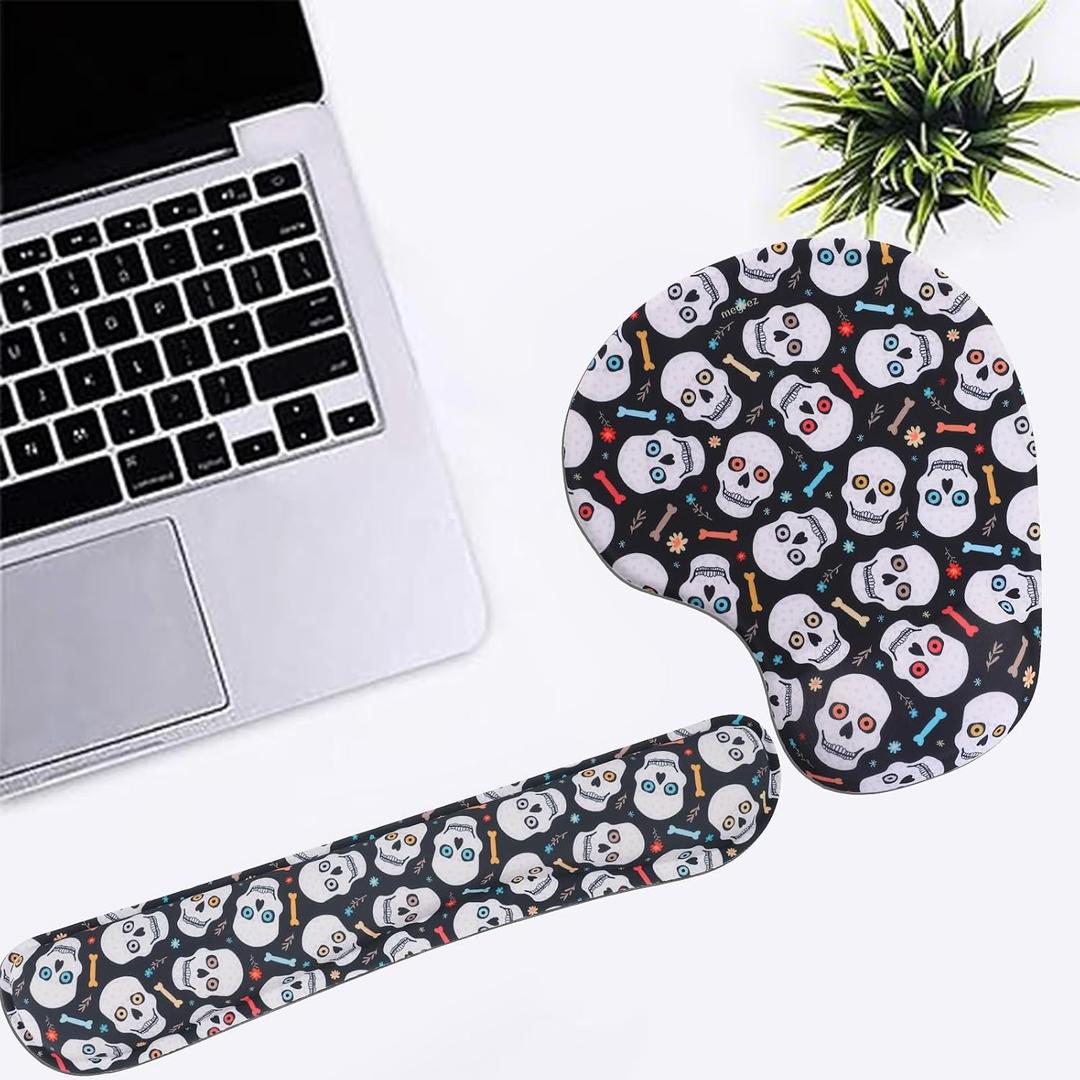 MEGREZ Ergonomic Mouse Pad Set with Wrist Support, Memory Foam Keyboard Wrist Rest Pad & Wrist Support Mousepad Set for Gaming Home & Office Protecting Wrist, Skull