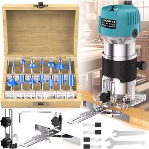 TwoWin Router Tool, 110V 800W Compact Wood Router Tool for Woodworking, Electric Hand Trimmer 1/4" Collets Palm Wood Router Tools Laminate Trimmer + Tungsten Carbide Router Bits 15-Piece Set