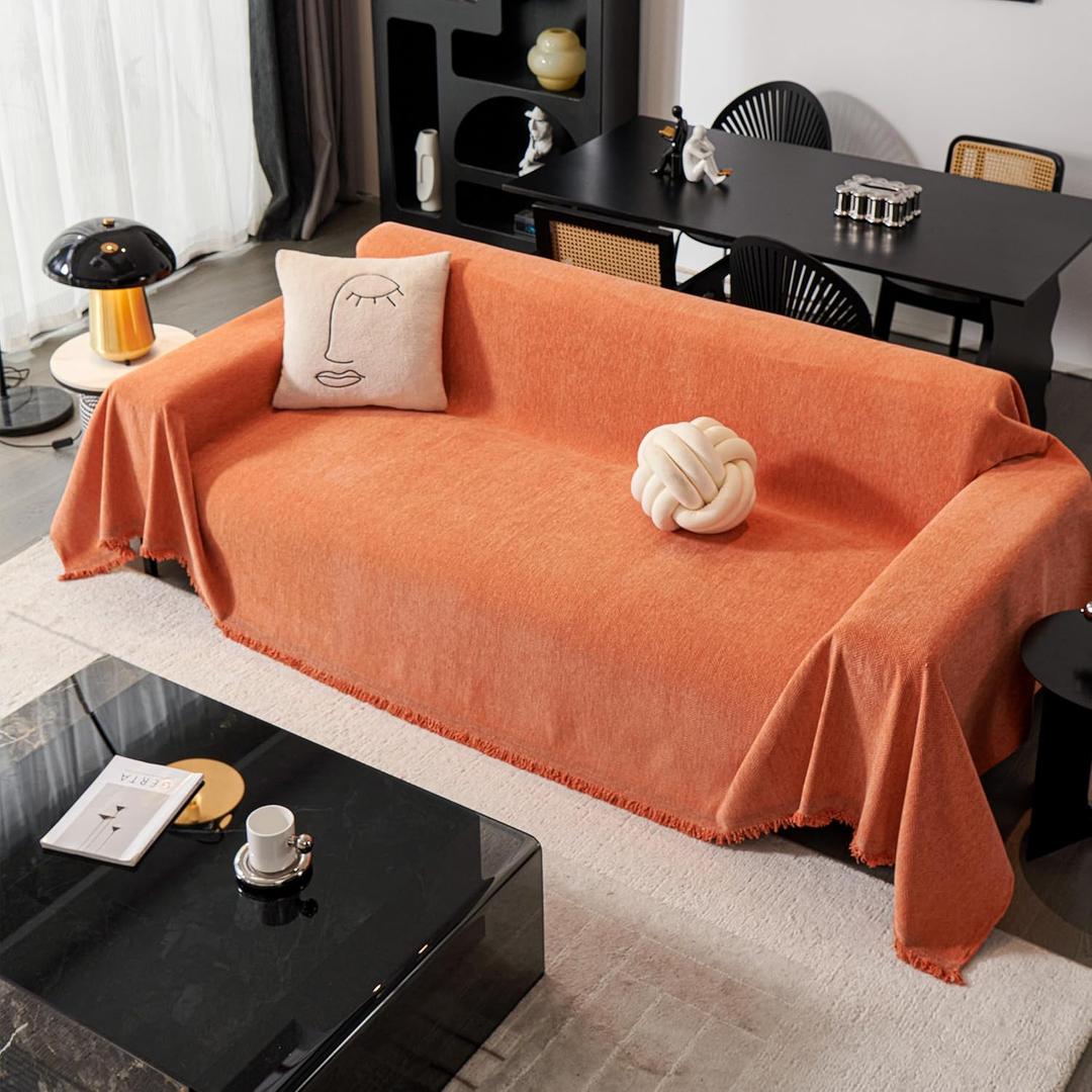 Boho Sofa Cover for 2 Cushion Couch  Plush Chenille Fabric,Washable, Cat ProofPet Protector for Sectional & Loveseat (Y-Orange, Large:71"x 118")