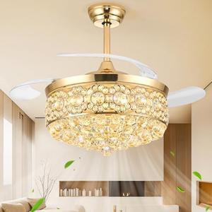 Deliyfans 48" Fandelier Ceiling Fan with Light, Chandelier Ceiling Fans with Lights,Retractable Crystal Ceiling Fan for Bedroom Living Room,6 Wind Speed,3 Color Tempeature-Gold