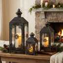 JHY DESIGN Set of 3 Decorative Candle Lantern 19.5" High Metal Vintage Hanging Lantern for Front Porch Home Patio Wedding Party, Festival Decorations(Black with Gold Brush)