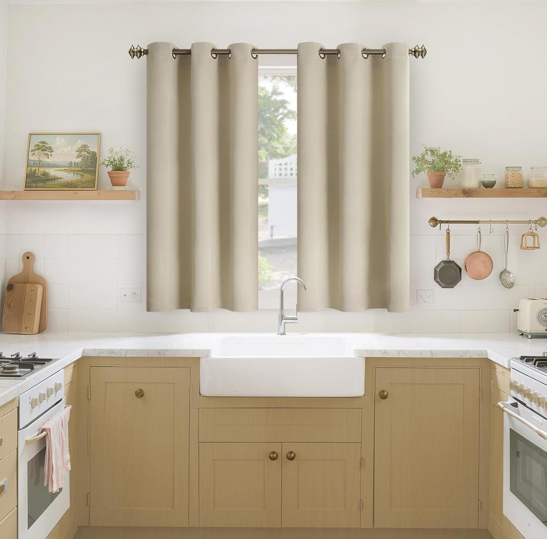 YoungsTex Beige Short Blackout Curtains 45 Inches Length for Window - Thermal Insulated with Grommet Room Darkening Drapes Privacy for Bedroom Kitchen Bathroom, 2 Panels, 42 x 45 Inch