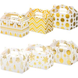 Faccito 24 Pack Christmas Treat Boxes Xmas Cardboard Gable Goody Candy Cookie Boxes Foil Gift with Handles for Gift Wrapping Holiday Party Favor Present Supplies, 6 Designs(Gold)