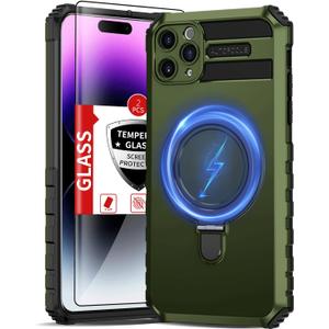 Magnetic for iPhone 14 Pro Max Case Compatible with MagSafe Wireless Charging,with 2 Screen Protectors,14Pro Max Case Magnet with Kickstand Ring,Heavy Duty Protection Military Grade Drop Green