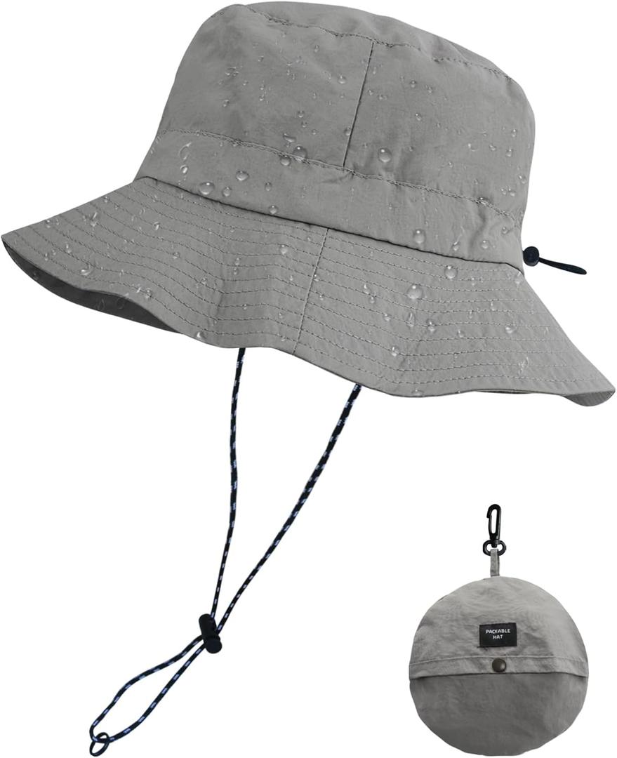 PFFY Quick Dry Waterproof Packable Bucket Hat for Women Men Outdoor Sun Hats with Detachable Chin Strap (Grey (More Fit))