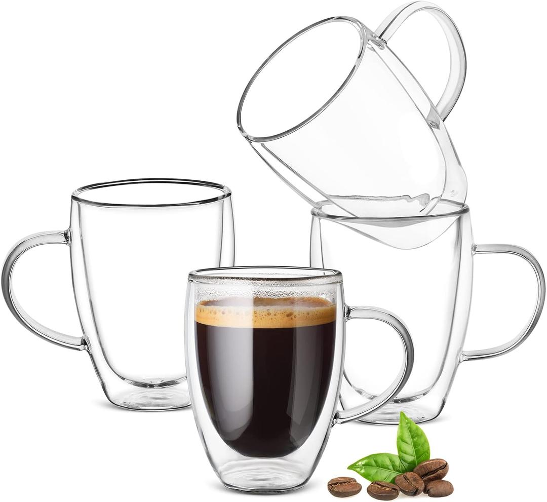 12oz Double Walled Glass Coffee Mugs with Handle, Clear Cappuccino Glass Mug Set of 4, Insulated Layer Coffee Cups, Clear Borosilicate Glass Mugs, Glasses Espresso Mugs for Coffee