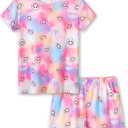 Beezizac Neon Tie Dye Spiral Pattern/Butterfly Pajamas for Girls Tee & Shorts PJ Set Size 6-18 (12, Multi-colored Face)