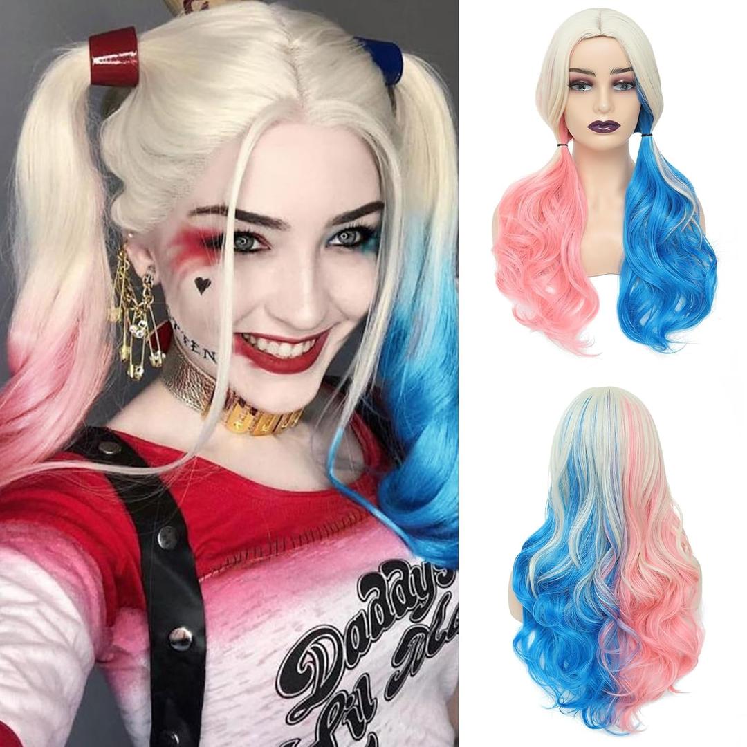 WECAN Pink and Blue Long Curly Wigs for Women - Cosplay & Halloween Party - Synthetic Fibers - Suicide Squad Harley Quinn Wig (26 Inch)