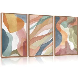 CHDITB Abstract Watercolor Framed Canvas Wall Art Paintings(16"x24"), 3 Panels Colorful Red Green Yellow Blue White Artwork Printings, Large Modern Above Couch Art Decor for Bedroom Living Room Office