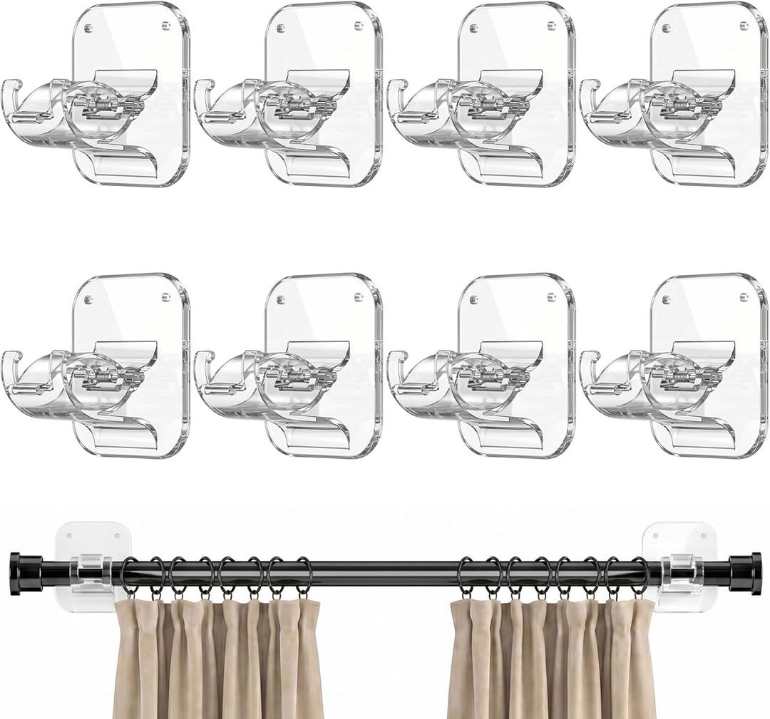 No Drill Curtain Rod Brackets - 20LB, 8 Pack Self Adhesive Curtain Rod Holder, Peel and Stick Wall Hooks, Renter Friendly Upgrades for Apartment, Kitchen, Bathroom, Dorm, Living Room and RV (Transparent)