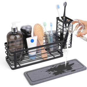 Kitchen Sink Caddy Organizer, 10.5" X 4.0" X 3.6" Sink Sponge Holder for Kitchen with Instant Drying Stone and Dish Brush Holder, Bathroom Organizer for Sponges, Scrubbers, Soap