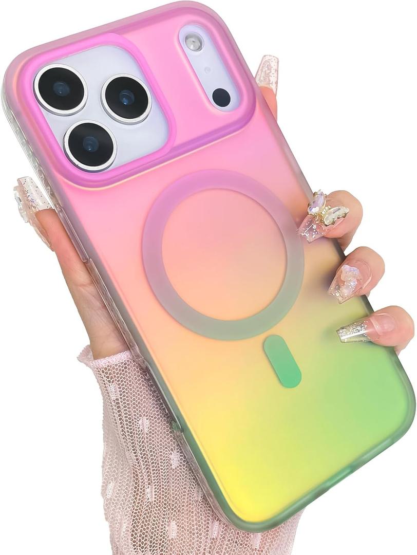 Aesthetic Case for iPhone 17 Pro Max Case for Women Girls [Compatible with Magsafe] Cute Girly Trendy Glitter Sparkly Rainbow Magnetic Protective Phone Cover, Matte Iridescent Pink & Green