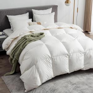 Feathers & Down Comforter, Organic Duvet Insert, 100% Cotton Shell, Ethically-sourced Feathers and Down Filler, All Season Warm, Oversized King Size, White