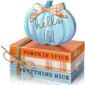 Whaline Fall Wooden Tiered Tray Decor Faux Decorative Stacked Books Bundle Wooden Pumpkin Decor Hello Fall Block Sign for Autumn Thanksgiving Farmhouse Rustic Kitchen Home Decoration