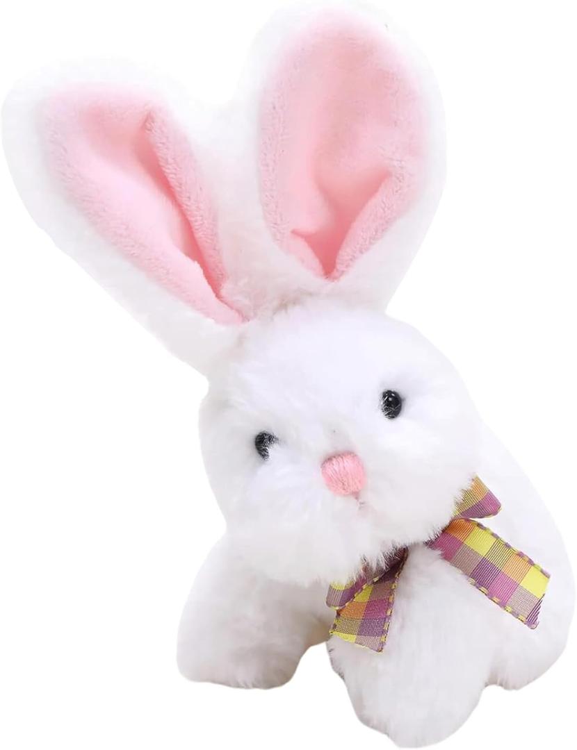 Fluffy Easter Bunny Stuffed Animal with Bow Plush Bunny Toy Cute Huggable Rabbit for Kids & Adults on Easter 6-inch (White)