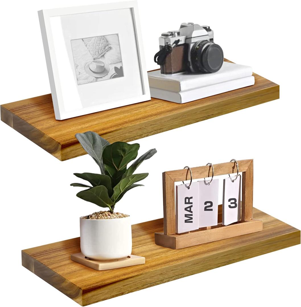 Teak Wood Floating Shelves Perfect for Bathroom Decor Pack of 2 Wooden Wall Shelves for Bedroom Living Room Kitchen Simple Minimalist Home Decor 17 x 6.7