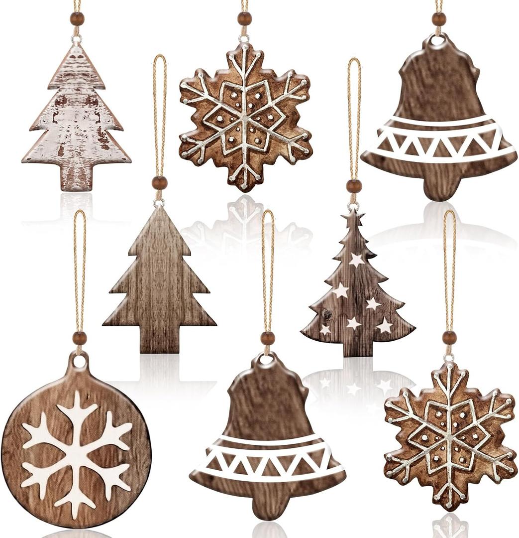Leinuosen 24 Pcs Farmhouse Christmas Ornaments 3D Rustic Vintage Country Wood Snowflake Christmas Tree Ornaments Xmas Tree Hanging Decorations for Home Fireplace Office Festive Decoration