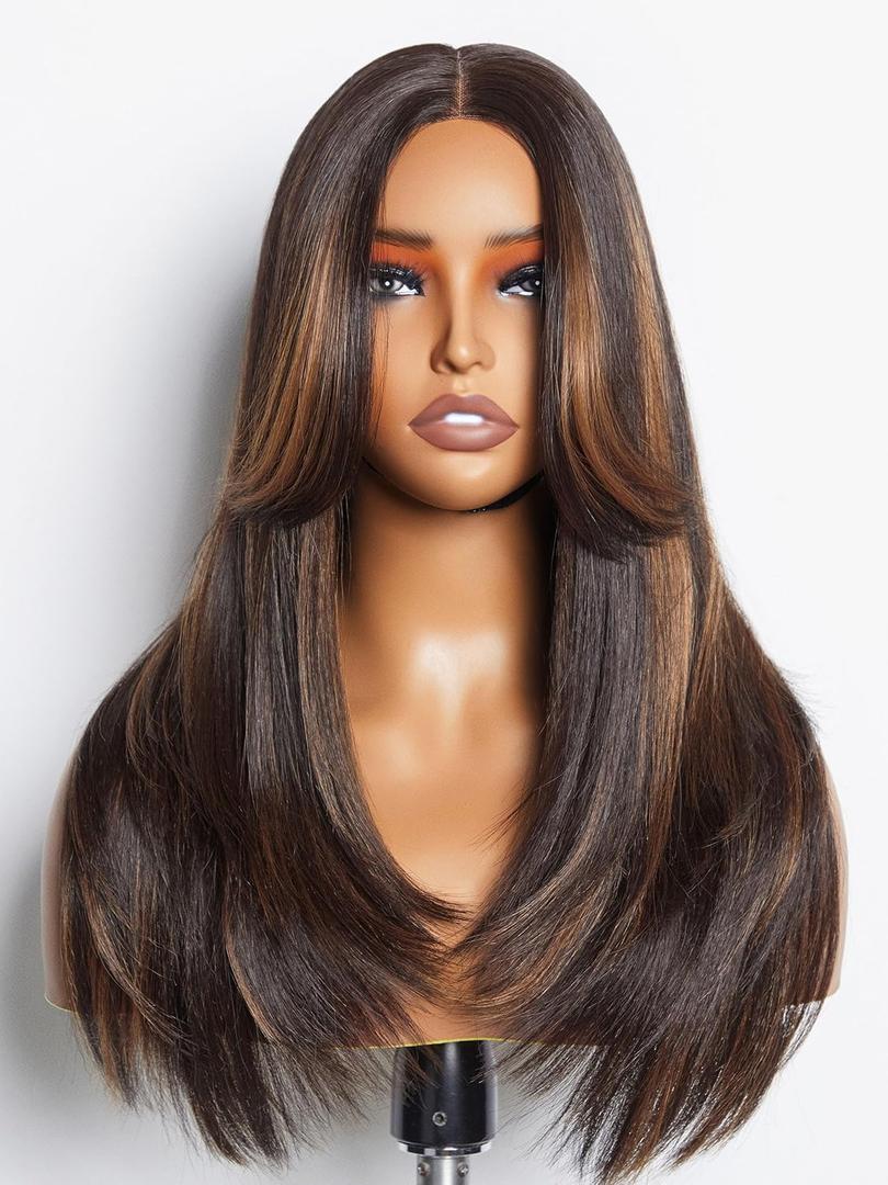 GORGIUS Highlight Lace Front Wig Pre Plucked Glueless Black and Brown Straight Layered Wig Upgraded with Premium Synthetic Fiber 22 Inch