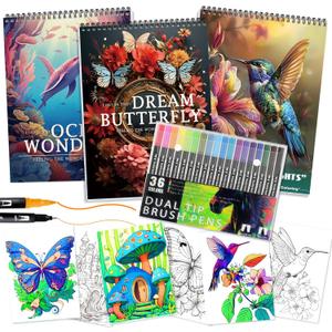 3Pcs Adult Coloring Book for Women Relaxation, 36 Colors Markers with Spiral Bound Adult Coloring Book for Women, 36 Dual Tip Colors Markers, Anxiety Relief Mindfulness Gifts (Ocean & Bird & Butterfly)