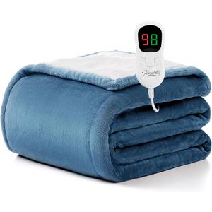 Homemate Heated Blanket Electric Throw - 50"x60" Heating Blanket Throw 1/2/4/6/8 Hours Auto-Off 10 Heat Level Over-Heat Protection Flannel Sherpa ETL Certification, 08 - Light Blue