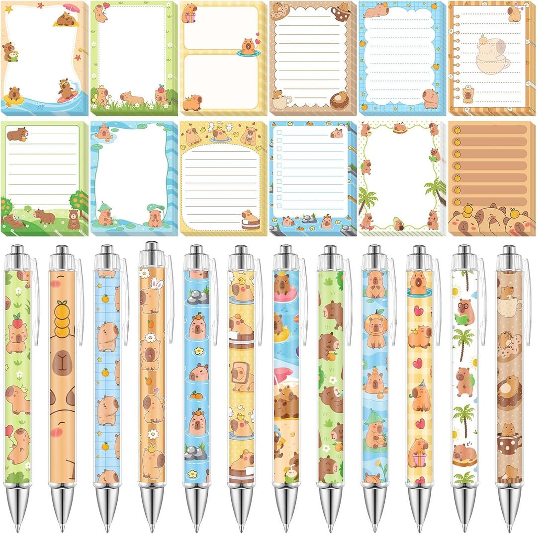 Dispowreath 24 Pcs Capybara Sticky Notes with Pens Christmas Cute Cartoon Self Adhesive Notepad Capybara Lover Gifts Black Ink Ballpoint Pen for Office Teacher Supplies Birthday Party Favors