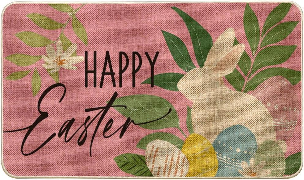 Artoid Mode Pink Rabbit Flowers Bunny Eggs Happy Easter Doormat, Home Decor Low-Profile Switch Rug Door Mat Floor Mat for Indoor Outdoor 17x29 Inch