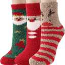 Trifabricy Chirstmas Fuzzy Socks for Women Gifts, Women's Winter Soft Warm Cozy Slipper Home Sleeping Sock for Chiristmas, Red Green, Khaki,3 Pairs-vn