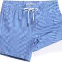 maamgic Mens Swim Trunks with Compression Liner 5" Stretch Beach Shorts Quick Dry with Zipper Pockets No-Chafing Board Shorts (Medium, Dark Blue White Stripe)