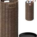 Rattan Umbrella Holder 20.8" H X 10" D,Handmade Wicker Umbrella Stand Indoor with Dip Tray,Sturdy Umbrella Holders for Entryway,Umbrella Bucket Fits Mudroom,Walking Canes,Home,Office (Brown)
