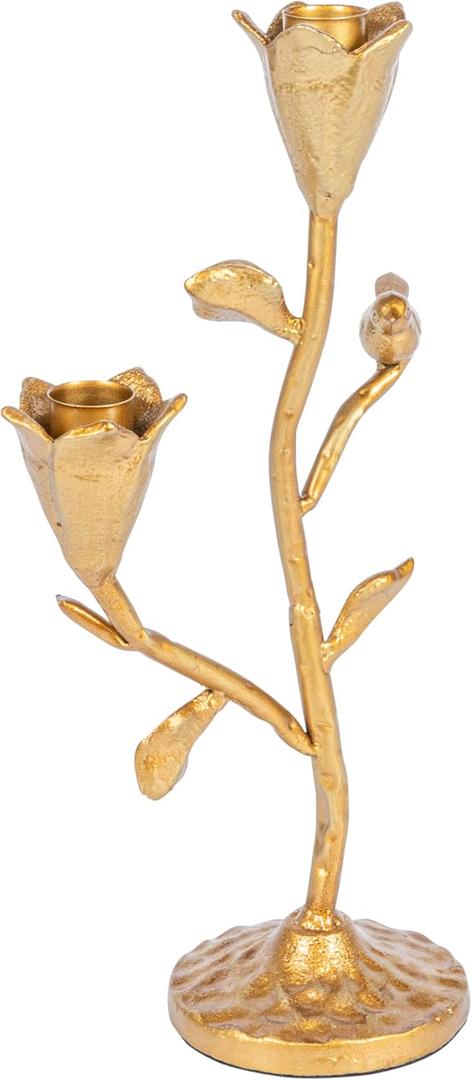 Creative Co-Op Hand-Forged Cast Iron Candelabra with Flowers and Bird, Holds 2 Tapers, Gold (11-3/4"H)