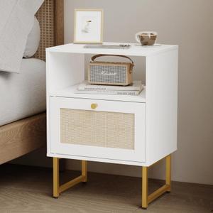 JOONEE Rattan Nightstand,Farmhouse Bedside Table with Storage Drawer and Open Shelf,Modern Boho Small Gold Frame Side End Table for Bedroom,Living Room,Office(White)
