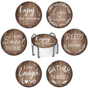 Ceramic Coasters Set of 6-Absorbent Drink Coasters with Holder,Cute Funny Designs,Modern Farmhouse Style,Unique&Personalized for Desk,Bar,Office,Outdoor,Home Decor Use (Brown)