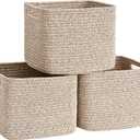 3 Pack Cube Storage Bin, 9x9x7 Cotton Rope Woven Baskets for Organizing Toys Clothes Towels, Square Gift Storage Baskets for Shelves, Nursery, Closet, Bathroom, Pantry (Jute)