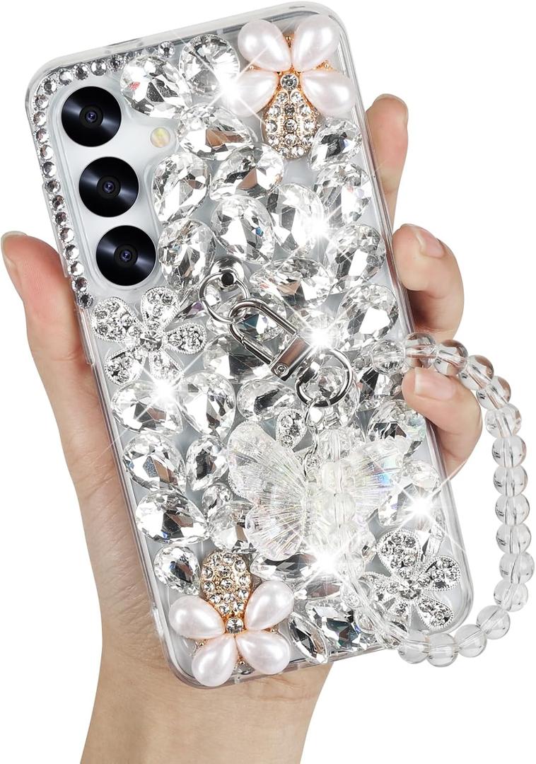 Omio Compatible with Samsung Galaxy S25 Plus Bling Case with Hand Chain Strap Cute Butterfly Bracelet 3D Handmade Sparkle Glitter Crystal Bling Diamond Hard PC Phone Case for Women Girls White