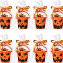 Tioncy 12 Pcs Halloween Trick or Treat Pumpkin Buckets Bulk Plastic Halloween Candy Felt Popcorn Pails Bag Face Decal Clear Orange Ribbon for Party Favors DIY Small (6 x 5 Inch)
