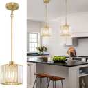 XSDeTu 2 Pack Gold Pendant Lights Kitchen Island, Modern Crystal Pendant Light Fixtures, 1-Light Small Farmhouse Chandelier, Adjustable Brass Hanging Light Fixture for Dining Room, Hallway, Bedroom