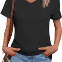 SMENG Women's Cotton V Neck T-Shirt Short Sleeve Solid Color Tee Casual Fit Tee Breathable Summer Fashion Tops (Medium, Black)
