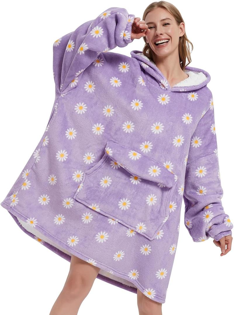 Wearable Blanket Hoodie for Adult,Oversized Sherpa Fleece Blanket Hoodie for Women Men,Daisy