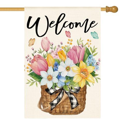 AVOIN colorlife Spring House Flag 28x40 Inch Double Sided Outside, Floral Welcome Yard Outdoor Flag