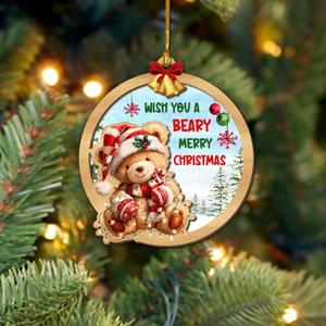 Bear Christmas Ornaments, Bear and Snow Woodland Decoration, Woodland Animals Wooden Hanging Ornaments for Christmas Tree, Keepsake Gifts for Bears Lovers, Men, Women, Wish You A Beary Merry Christmas