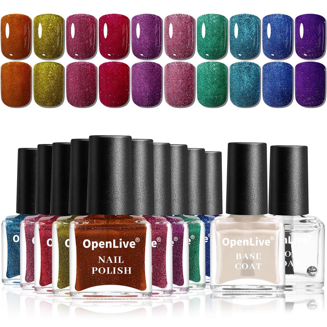 OpenLive Reflective Nail Polish 12 Colors With Base Coat and Top Coat Glitter Red Bule Purple Green Nail Polish Set Quick Dry Sparkle Winter Manicure Long Lasting for Holiday Gift Giving 5ML