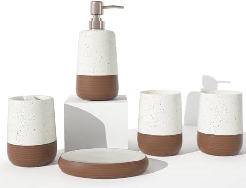 Ceramic Bathroom Accessories Set Complete in White & Brown Duotone, 5 Pcs Boho Bath Vanity Counter Set, Soap Dispenser Toothbrush Holder Soap Dish Tumble Cup Set, Bathroom Essentials for New Home