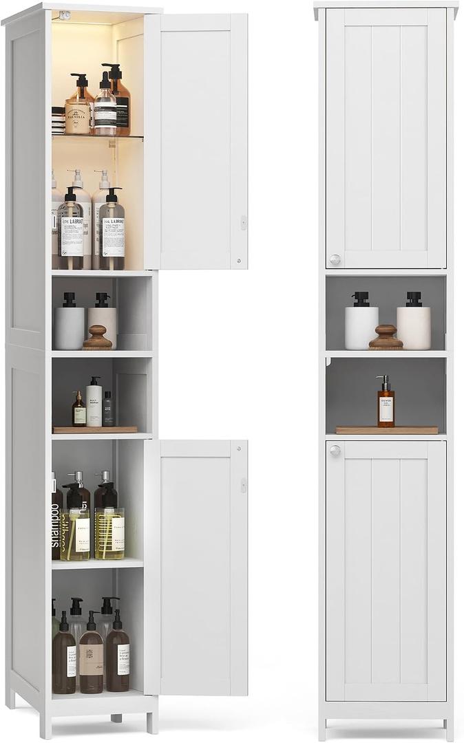 VASAGLE Tall Storage Cabinet with Lights, Slim Freestanding Cabinet with Adjustable Shelves, for Small Spaces, Bathroom, Living Room, Modern, 11.8 Inches Wide, Cloud White UBBC566W02V1, 11.8"D x 11.8"W x 66.9"H