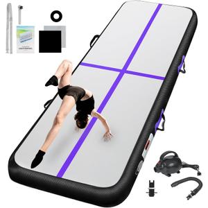 Inflatable Gymnastics Mat 10ft/13ft/16ft/20ft/ Air Tumbling Track Mats 4/8 inches Thick for Home Use/Training/Cheerleading/Yoga/Water with Pump (Black Purple)